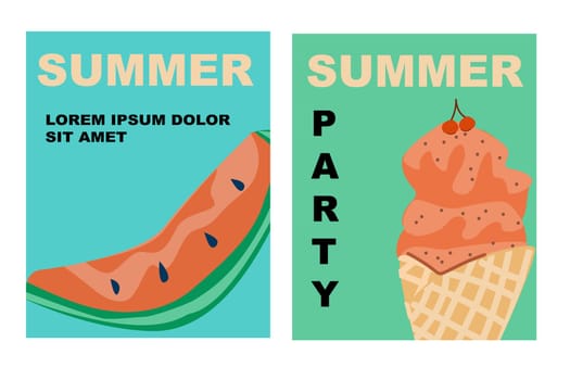 Summer vacation design. Set of vector Summer posters. Ice cream and watermelon . Abstract vector background. Perfect background for posters, cover art, flyer, banner.