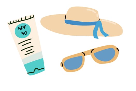 Skin protection set - hat, sunglasses and sunscreen cream. Can used for cosmetic banner or summer vacation background.