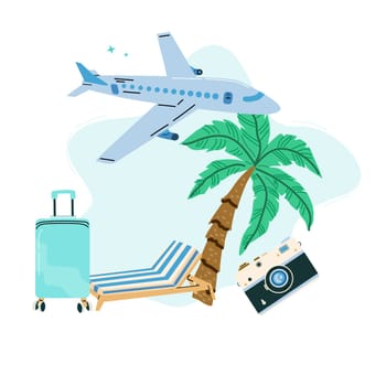 Summer vacation plane and journey elements on blue background. Resort on beach. Camera and suitcase.