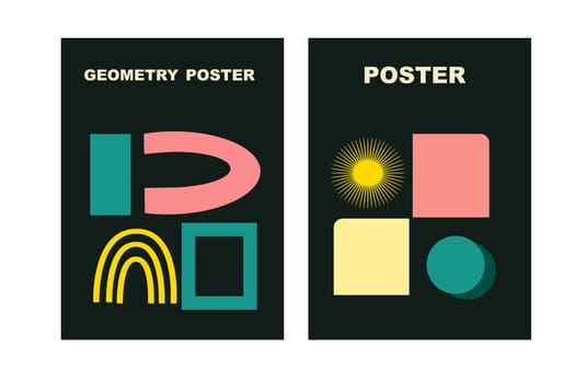 Brutalist posters set with naive playfull shapes and smile stickers. Retro abstract shapes backgrounds. Brutal contemporary figure circle oval wave patterns. Geometric posters in modern brutalist style.