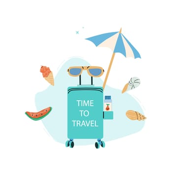 Summer vacation journey elements on blue background. Resort on beach concept design. Camera and protect accessories.