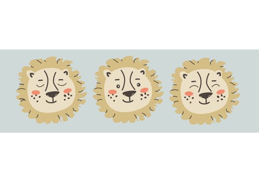 Set of cute lions faces or heads with different emotions for kids. Tropical jungle cartoon character in trendy scandinavian style, portraits of predator in childish style. Can used for posters. textile and prints.