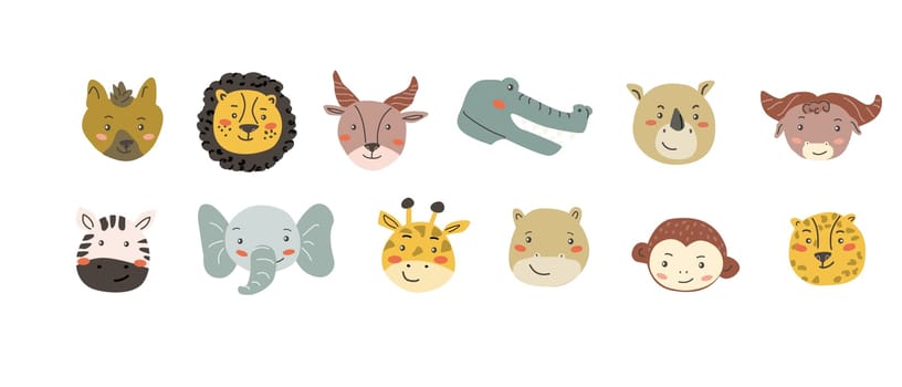 African animals faces set. Cute doodle animal portraits. Hand drawn characters. Tropical and jungle cartoon heads of lion, leopard, hyena, monkey, buffalo, antelope. Wild exotic pets.