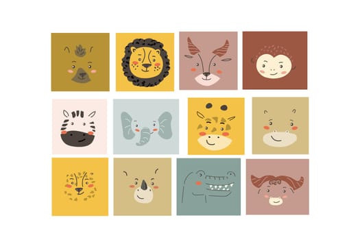 African animals faces set. Cute doodle animal portraits. Hand drawn characters. Tropical and jungle cartoon heads of lion, leopard, hyena, monkey, buffalo. Wild exotic pets.