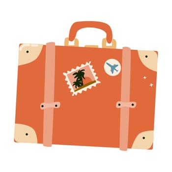 Summer vacation element of cartoon suitcase with sticker or abstract pattern and drink. Can used for stickers and patch, cover design.