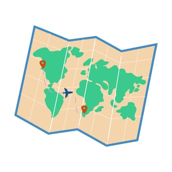Summer vacation element for flight trip concept. World map and location mark.