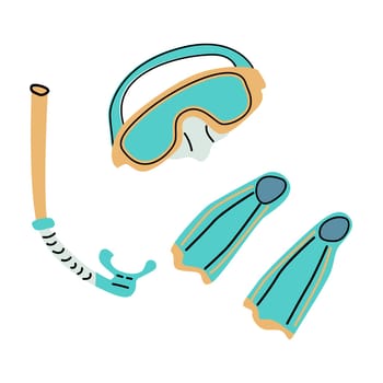 Extreme sport swimsuit for diving. Scuba mask set, underwater sport and hobby equipment for summer vacation travel by ship.
