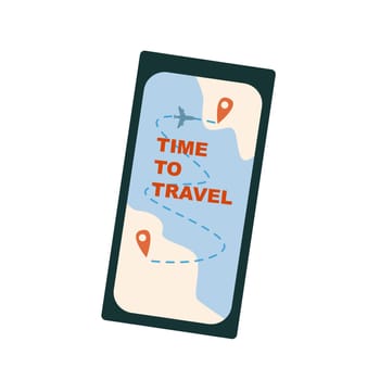 Summer vacation plane journey element - mobile phone with map with airplane for flight trip concept. Phone with map gps.