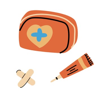 First aid for trip set elements, cream and band and case in trendy retro color.