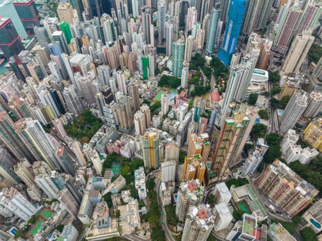 Hong Kong 08 February 2022: Top view of Hong Kong city in Sheung Wan