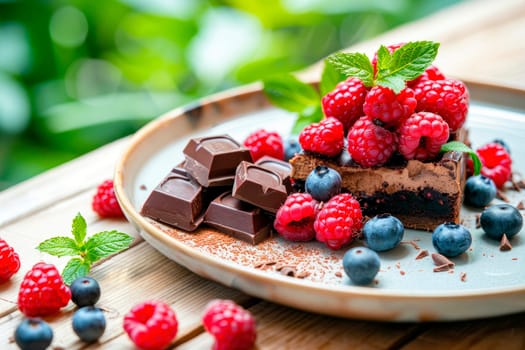 Delicious chocolate cake with chocolate pieces and fresh summer berries. AI generated