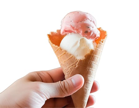 Set of different ice cream scoops in waffle cones isolated on white background