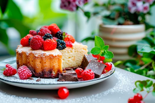 Delicious chocolate cake with chocolate pieces and summer berries on a plate. AI generated