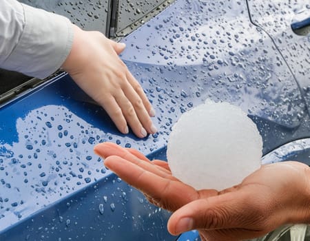 Hail damage to the car. Damaged hood and windshield