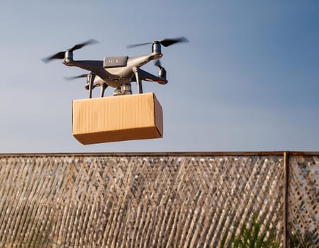 Flying delivery drone on the way to transport a package. Modern innovative technology.