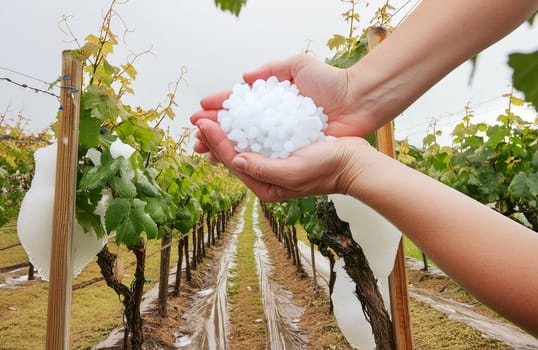 Ice balls in the vineyard after a heavy hailstorm, damaged young shoots and grape ovaries