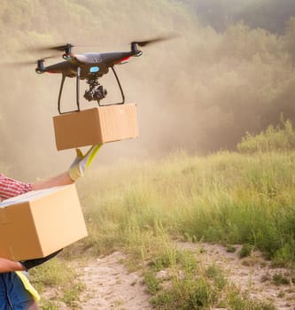Flying delivery drone on the way to transport a package. Modern innovative technology.