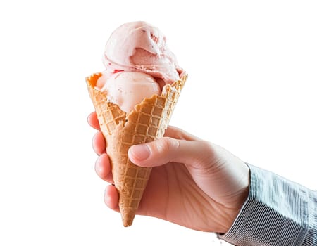 Set of different ice cream scoops in waffle cones isolated on white background