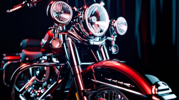 Classic chopper motorcycle on a dark background, close-up view. AI generated