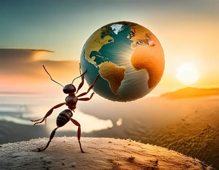 Ant carries tree trunk, works in cooperation, teamwork