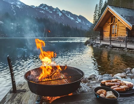 Log cabin or forester's hut by the river in the forest (illustration of a fictional situation, in the form of a photo collage)