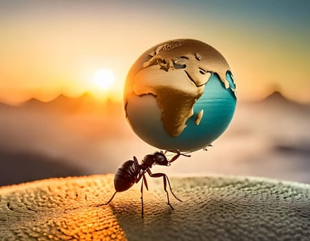 Ant carries tree trunk, works in cooperation, teamwork