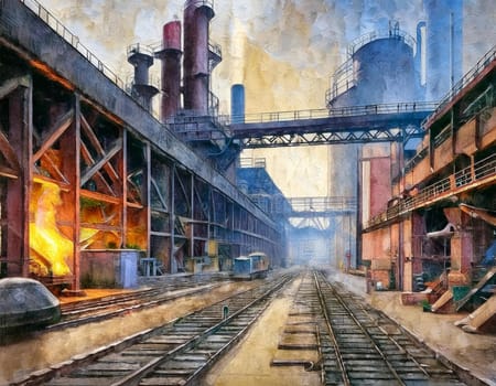A blast furnace circa 19th century, vintage engraved illustration.