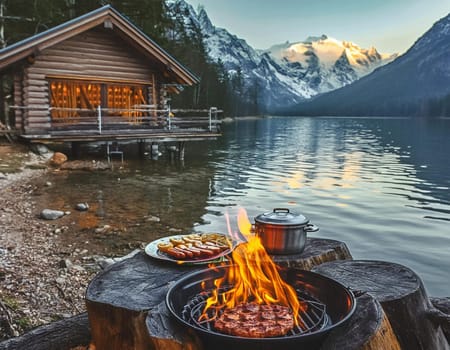 Log cabin or forester's hut by the river in the forest (illustration of a fictional situation, in the form of a photo collage)