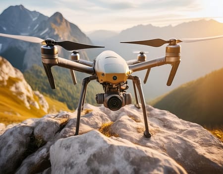 Flying delivery drone on the way to transport a package. Modern innovative technology.