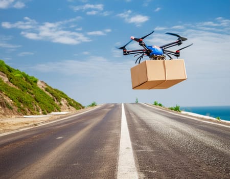 Flying delivery drone on the way to transport a package. Modern innovative technology.