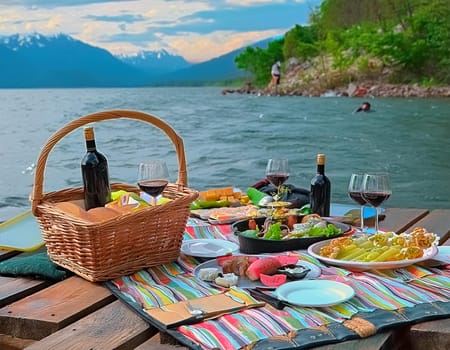 Picnics with a blanket basket and views of the sunny shore.