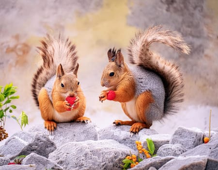 Autumn scene with a cute red squirrel. Sciurus vulgaris. European squirrel sits on the tree stump.