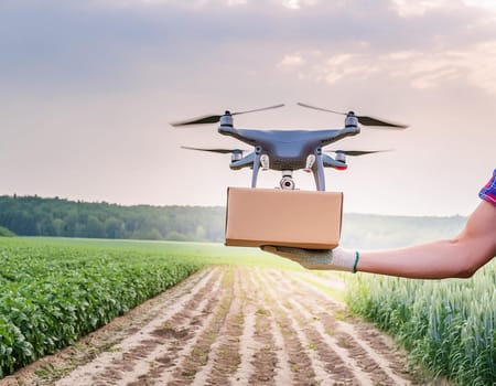 Flying delivery drone on the way to transport a package. Modern innovative technology.