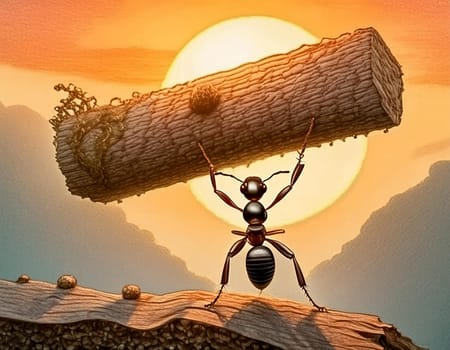 Ant carries tree trunk, works in cooperation, teamwork
