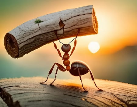 Ant carries tree trunk, works in cooperation, teamwork