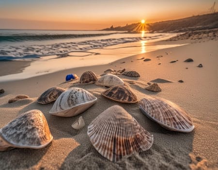 Beach vacation - beach with seashells in the sunset background