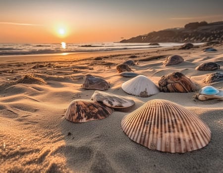 Beach vacation - beach with seashells in the sunset background