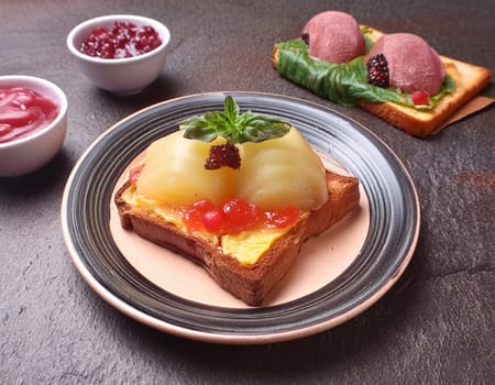 Toast Hawaii, cheese and pineapple on wooden background with chicken breast