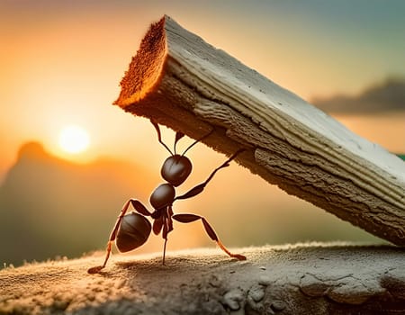 Ant carries tree trunk, works in cooperation, teamwork