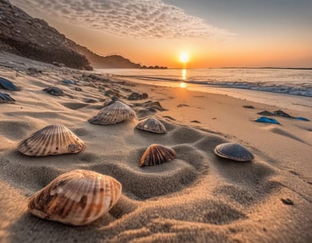 Beach vacation - beach with seashells in the sunset background