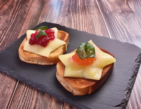 Toast Hawaii, cheese and pineapple on wooden background with chicken breast