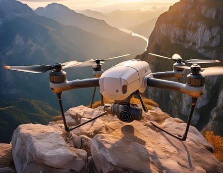Flying delivery drone on the way to transport a package. Modern innovative technology.