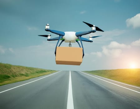 Flying delivery drone on the way to transport a package. Modern innovative technology.
