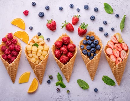 Waffle cones with different types of fruit on a light background