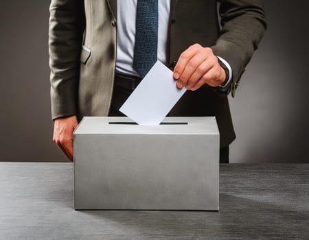 Ballot box with hand voting on a blank ballot paper against a light background.