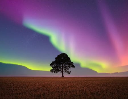 Fantastic Aurora Borealis or Northern Lights with starry glow in night sky at Arctic Circle