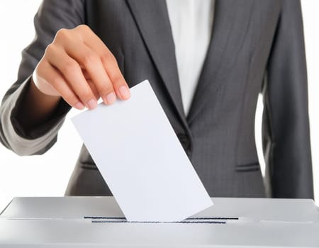 Ballot box with hand voting on a blank ballot paper against a light background.