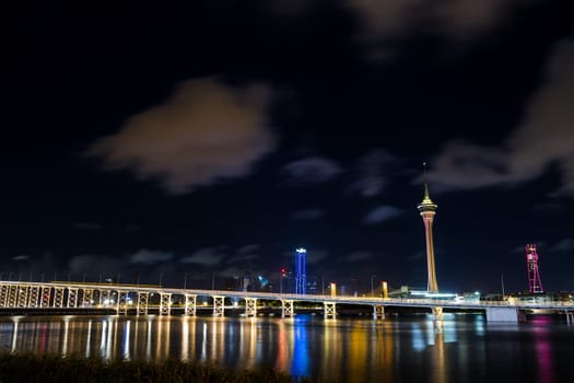 Macau 28 June 2023: Macau tower in city at night