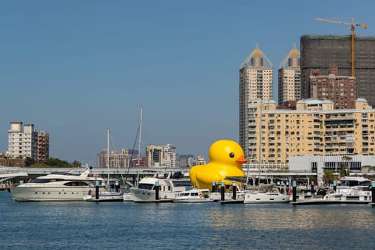 Taiwan, 02 February 2024: Yellow duck in kaohsiung bay in Taiwan