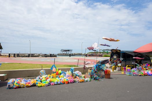 Taoyuan, Taiwan 27 August 2023: Vendor selling toys and kit in Zhuwei of Taiwan